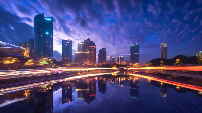 科技感夜晚都市水面倒影,高清,摄影图,摄影图片,图片大全,摄影图免费下载